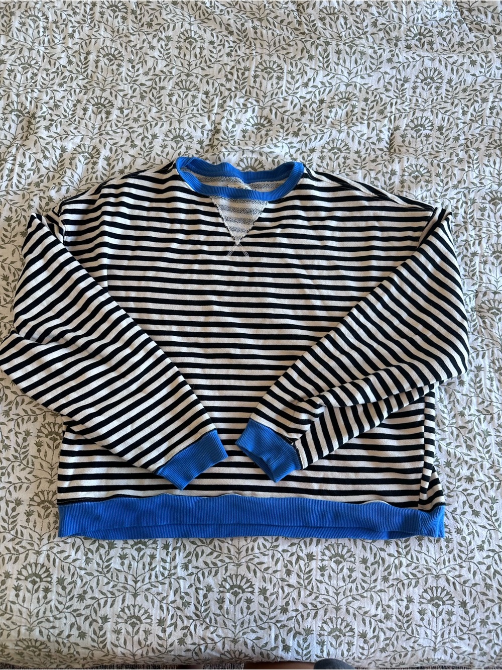 Free People Black & White Striped Crewneck Sweatshirt with Blue Trim